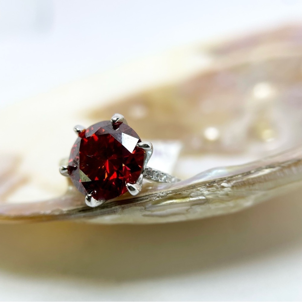 5 Carat Red Moissanite Ring 6 Prong Halo 18K White Gold Finish 925 Silver - Picture 8 of 15